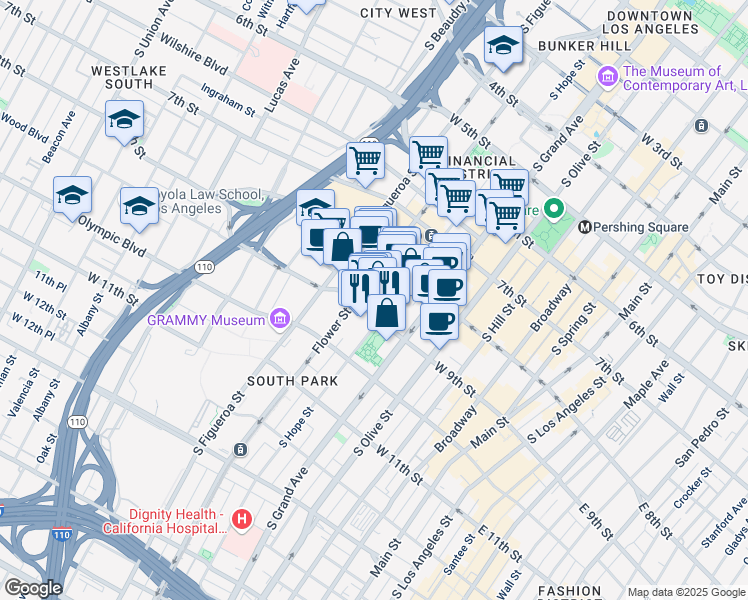 map of restaurants, bars, coffee shops, grocery stores, and more near 645 West 9th Street in Los Angeles