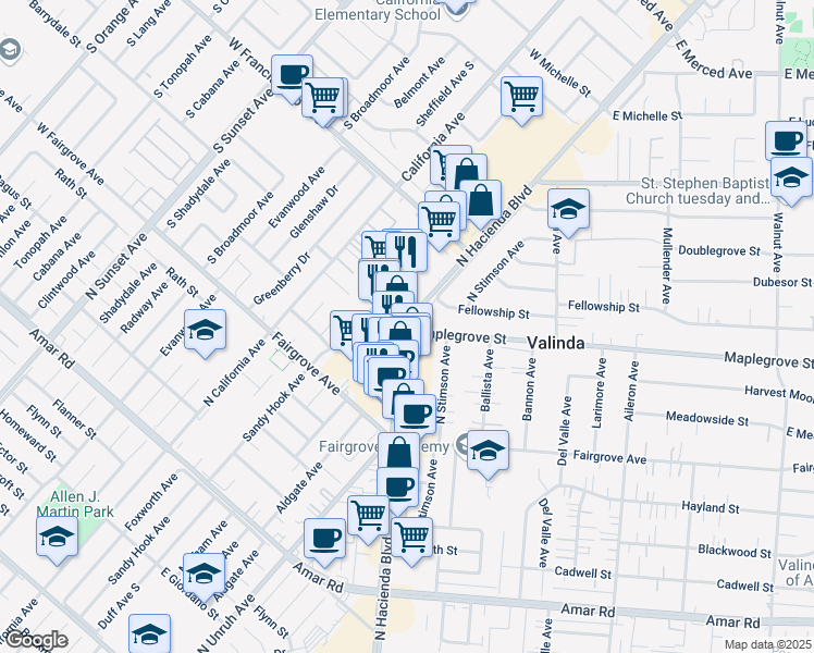 map of restaurants, bars, coffee shops, grocery stores, and more near North Hacienda Boulevard & Maplegrove Street in La Puente
