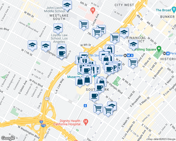 map of restaurants, bars, coffee shops, grocery stores, and more near 903 West Olympic Boulevard in Los Angeles