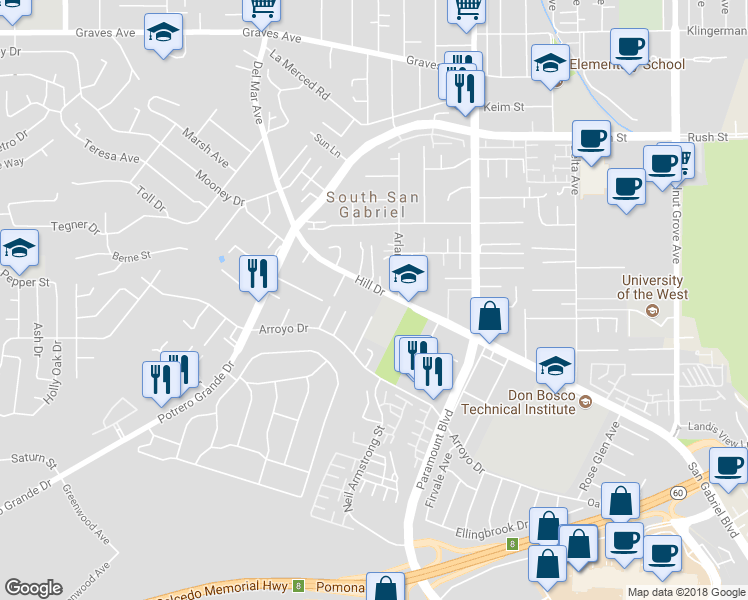 map of restaurants, bars, coffee shops, grocery stores, and more near 7958 Hill Drive in Rosemead