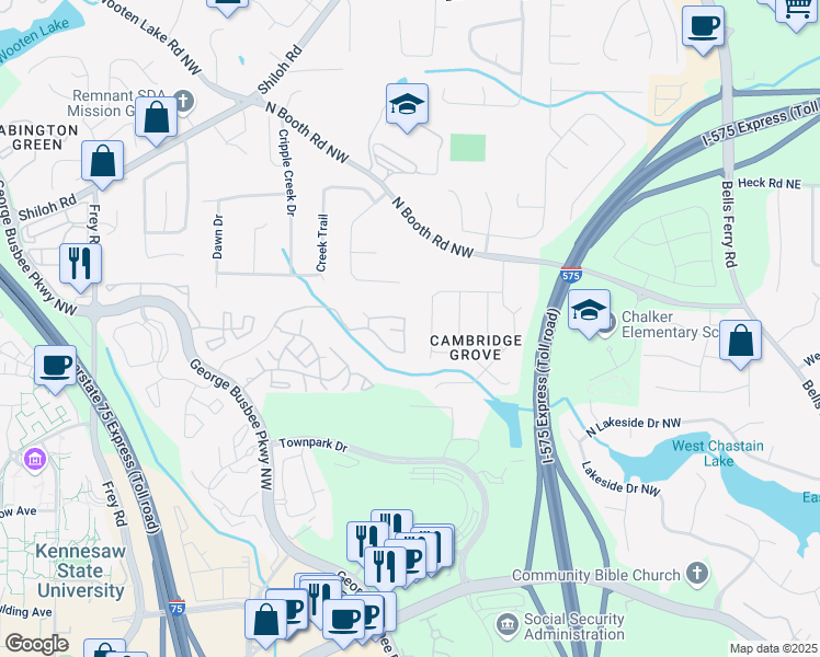 map of restaurants, bars, coffee shops, grocery stores, and more near 3780 Towne Crossing in Kennesaw