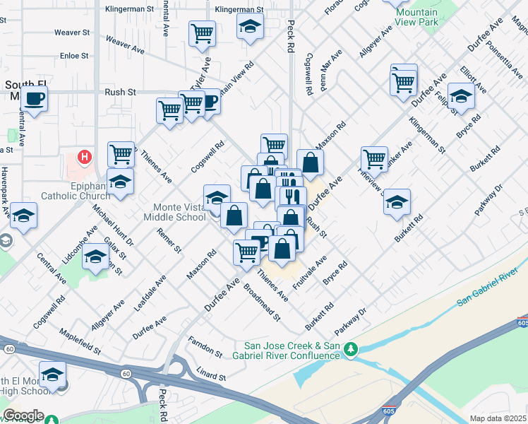 map of restaurants, bars, coffee shops, grocery stores, and more near 1918 Frank Stiles Street in South El Monte