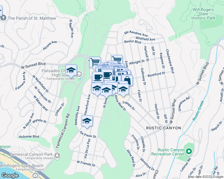 map of restaurants, bars, coffee shops, grocery stores, and more near 15243 La Cruz Drive in Los Angeles