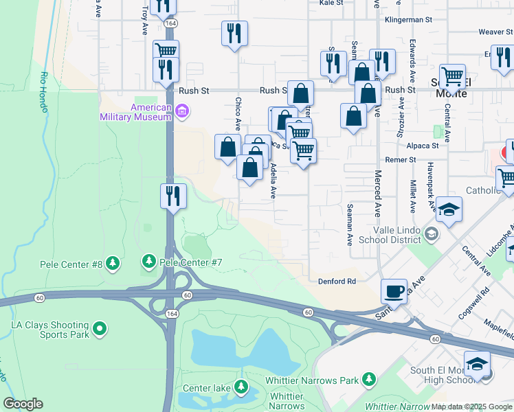 map of restaurants, bars, coffee shops, grocery stores, and more near 1445 Adelia Avenue in South El Monte