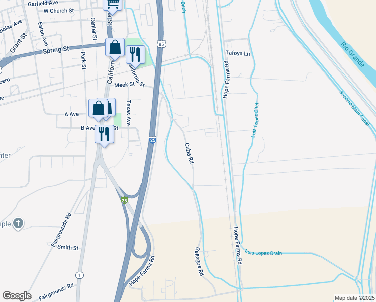 map of restaurants, bars, coffee shops, grocery stores, and more near 1107 Cuba Road in Socorro