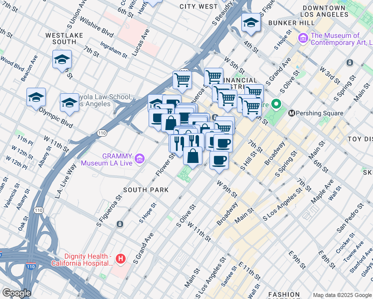 map of restaurants, bars, coffee shops, grocery stores, and more near 645 West 9th Street in Los Angeles