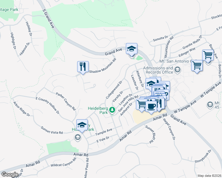 map of restaurants, bars, coffee shops, grocery stores, and more near 20502 Buckland Drive in Walnut