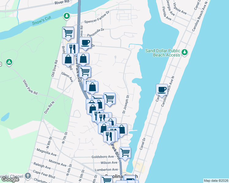 map of restaurants, bars, coffee shops, grocery stores, and more near 125 Lighthouse Drive in Carolina Beach