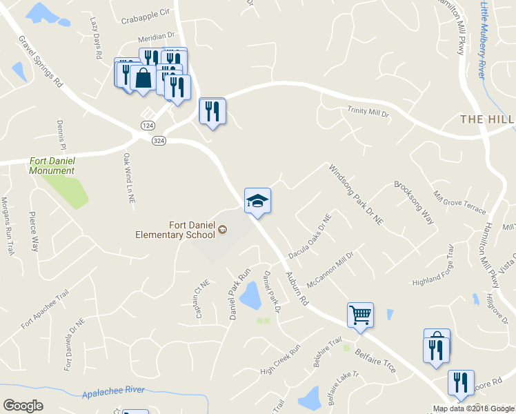 map of restaurants, bars, coffee shops, grocery stores, and more near 1742 Laurel Song Trail in Dacula