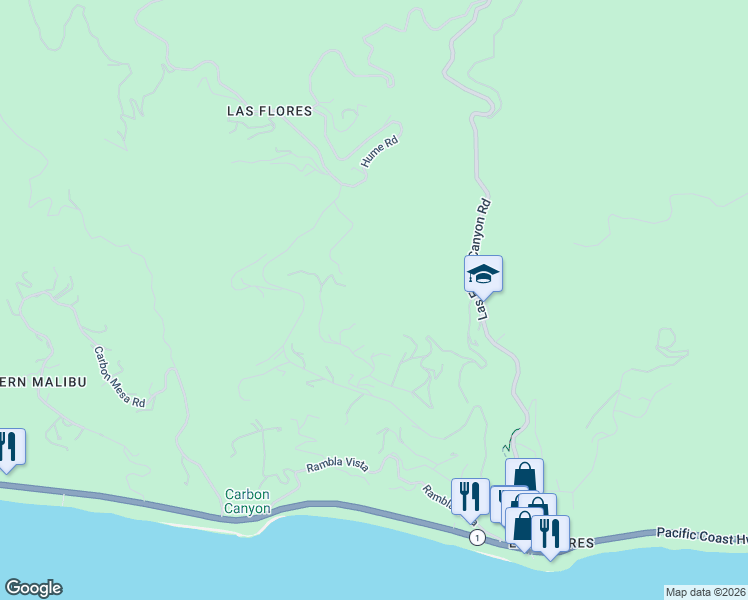 map of restaurants, bars, coffee shops, grocery stores, and more near 3096 Sumac Ridge Road in Malibu