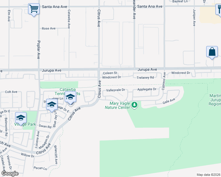 map of restaurants, bars, coffee shops, grocery stores, and more near 16197 Valleyvale Drive in Fontana