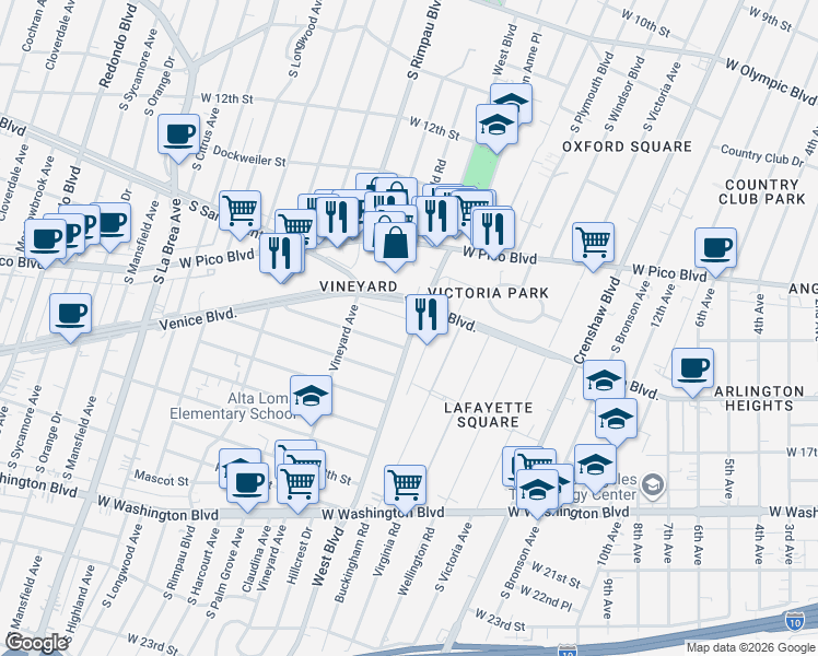 map of restaurants, bars, coffee shops, grocery stores, and more near 3687 Lomita Street in Los Angeles