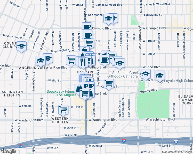 map of restaurants, bars, coffee shops, grocery stores, and more near 1411 South Oxford Avenue in Los Angeles
