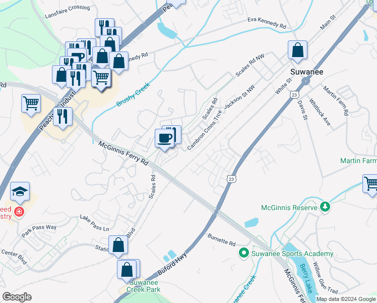 map of restaurants, bars, coffee shops, grocery stores, and more near 952 Cambron Commons Trace in Suwanee