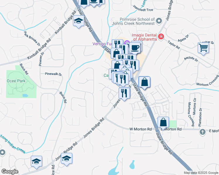 map of restaurants, bars, coffee shops, grocery stores, and more near 15104 Harvest Ridge Lane in Alpharetta