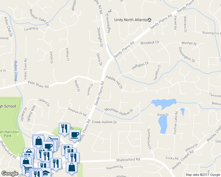 map of restaurants, bars, coffee shops, grocery stores, and more near 3905 Trade Wind Court in Marietta