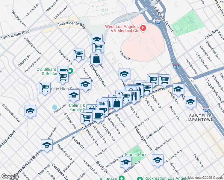 map of restaurants, bars, coffee shops, grocery stores, and more near 1416 South Barrington Avenue in Los Angeles