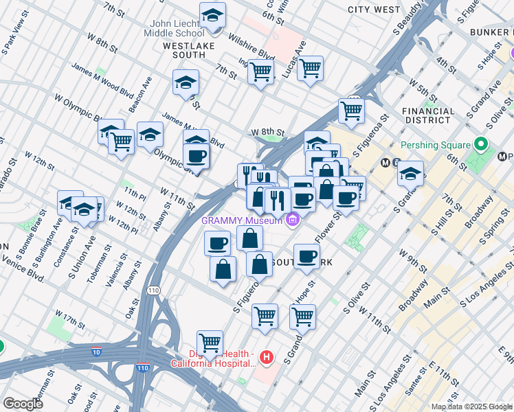 map of restaurants, bars, coffee shops, grocery stores, and more near West Olympic Boulevard & Georgia Street in Los Angeles