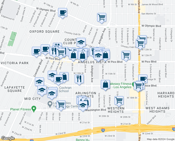 map of restaurants, bars, coffee shops, grocery stores, and more near 1406 2nd Avenue in Los Angeles