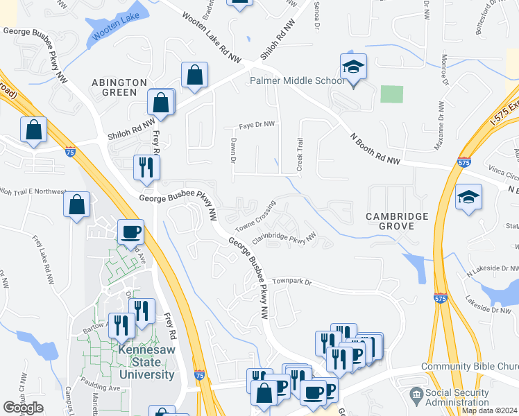 map of restaurants, bars, coffee shops, grocery stores, and more near 1100 Poplar Place in Kennesaw