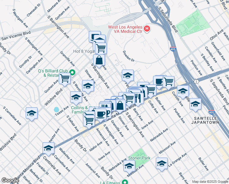 map of restaurants, bars, coffee shops, grocery stores, and more near 1416 South Barrington Avenue in Los Angeles