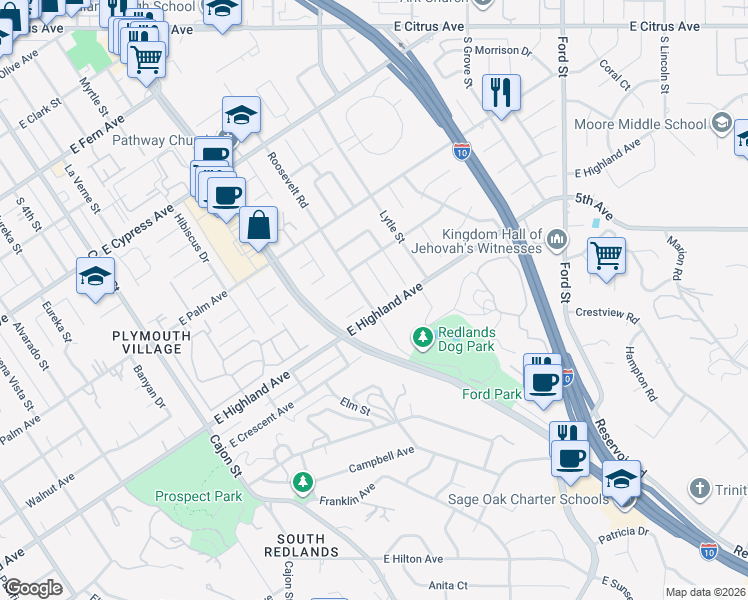 map of restaurants, bars, coffee shops, grocery stores, and more near 1055 Roosevelt Road in Redlands