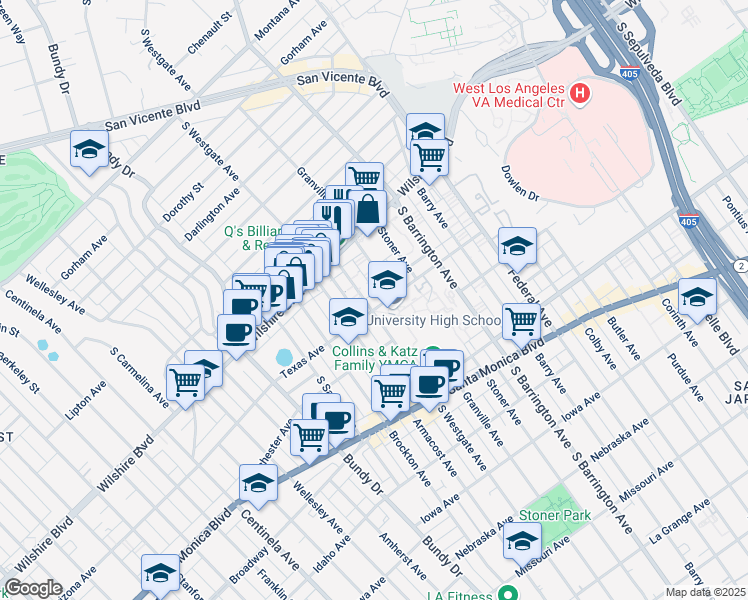 map of restaurants, bars, coffee shops, grocery stores, and more near 11821 Texas Avenue in Los Angeles