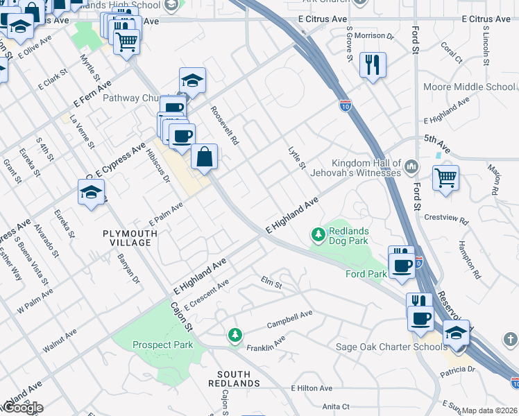 map of restaurants, bars, coffee shops, grocery stores, and more near 1000 Roosevelt Road in Redlands