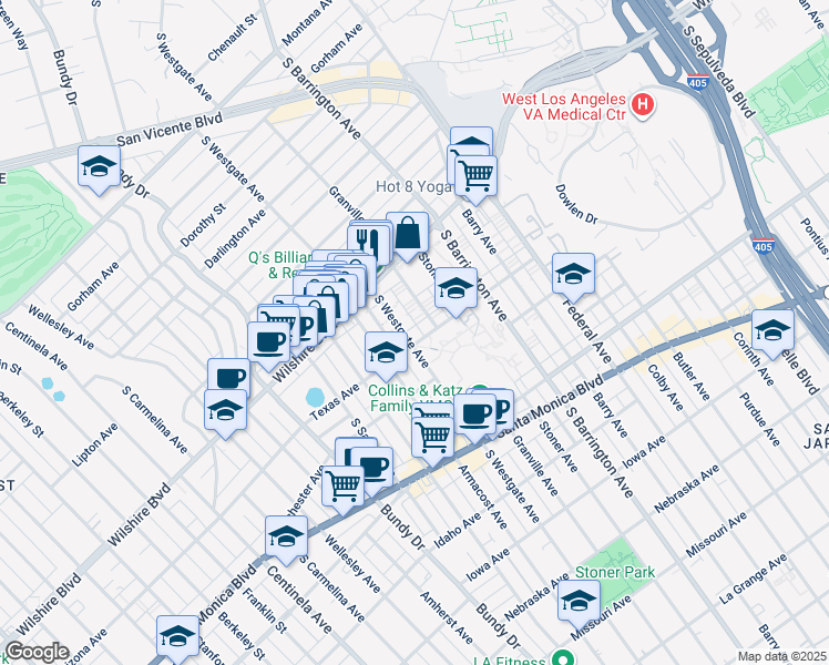 map of restaurants, bars, coffee shops, grocery stores, and more near 11821 Texas Avenue in Los Angeles