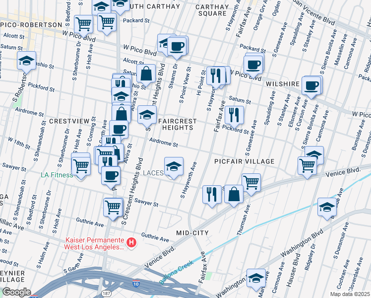 map of restaurants, bars, coffee shops, grocery stores, and more near 5946 Airdrome Street in Los Angeles