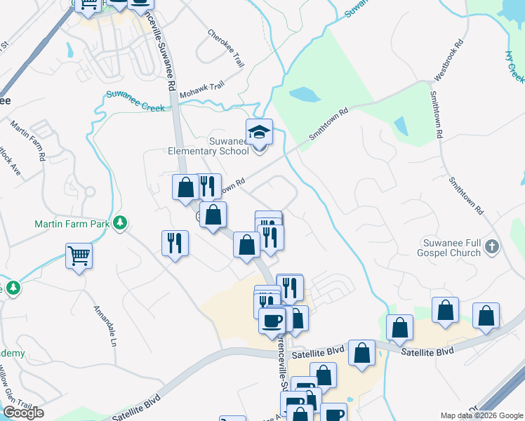 map of restaurants, bars, coffee shops, grocery stores, and more near 3520 Pierce Arrow Circle in Suwanee