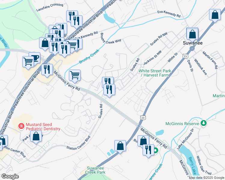 map of restaurants, bars, coffee shops, grocery stores, and more near 950 Scales Road in Suwanee