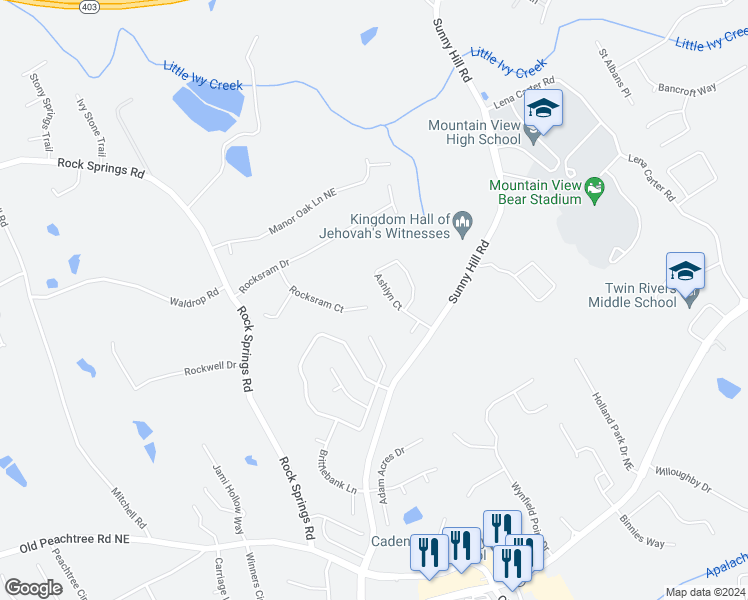map of restaurants, bars, coffee shops, grocery stores, and more near 2237 Rocksram Court in Buford