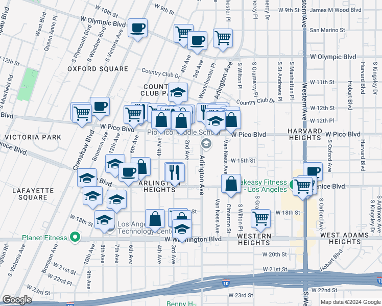 map of restaurants, bars, coffee shops, grocery stores, and more near 1406 2nd Avenue in Los Angeles