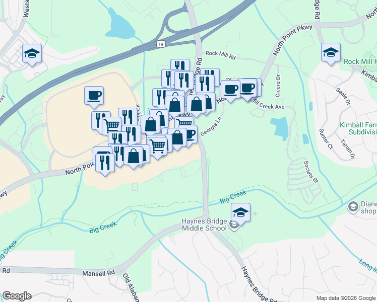 map of restaurants, bars, coffee shops, grocery stores, and more near 6000 North Point Parkway in Alpharetta