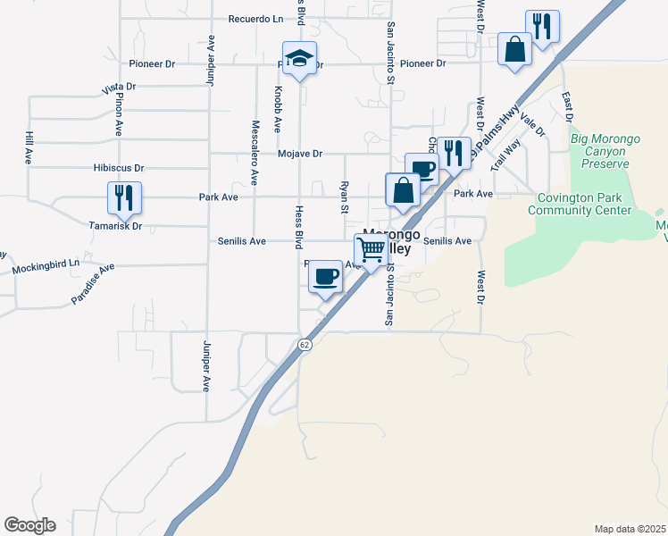 map of restaurants, bars, coffee shops, grocery stores, and more near 49630 Twentynine Palms Highway in Morongo Valley