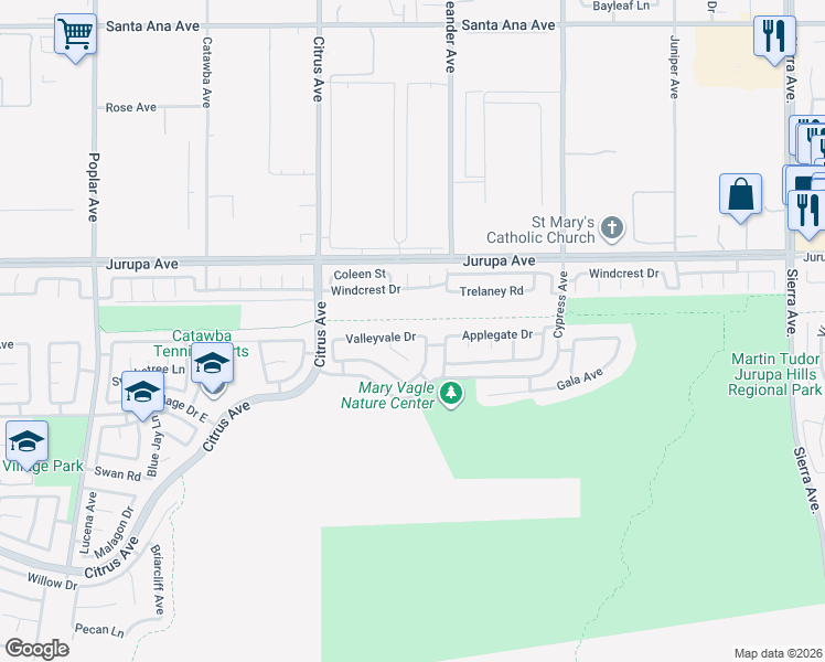 map of restaurants, bars, coffee shops, grocery stores, and more near 11450 Millpond Road in Fontana