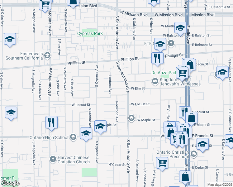 map of restaurants, bars, coffee shops, grocery stores, and more near 629 West Yucca Street in Ontario