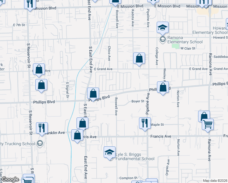map of restaurants, bars, coffee shops, grocery stores, and more near 11411 Roswell Avenue in Chino