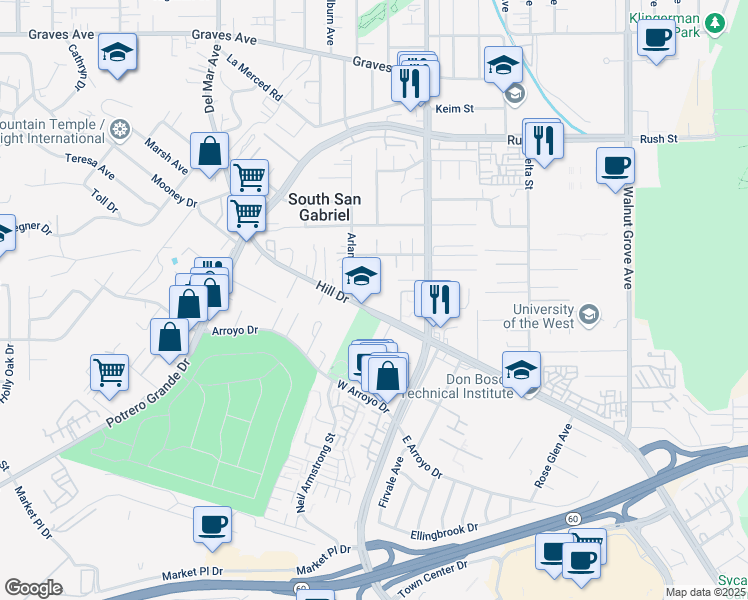map of restaurants, bars, coffee shops, grocery stores, and more near 8026 Hill Drive in Rosemead