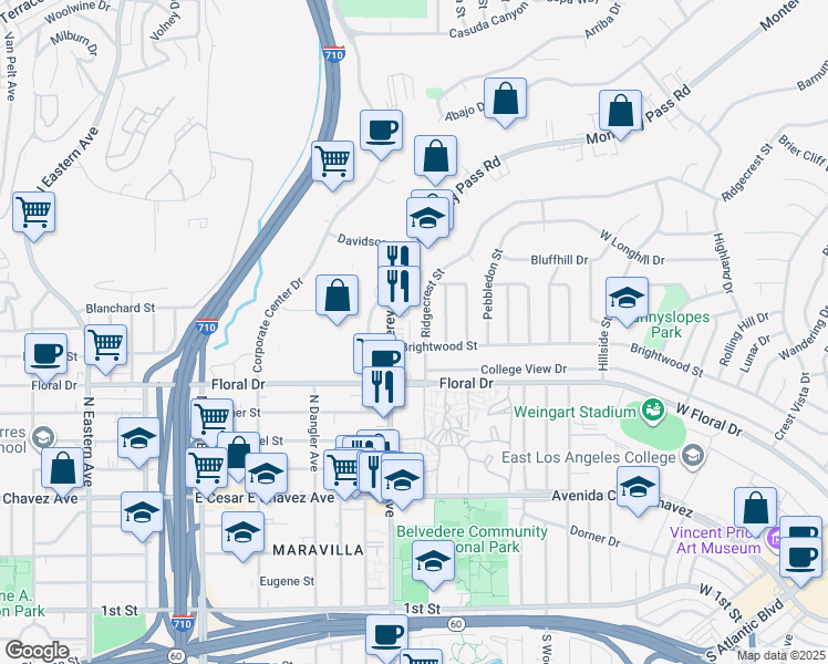 map of restaurants, bars, coffee shops, grocery stores, and more near 1499 Ridgecrest Street in Monterey Park