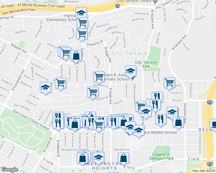 map of restaurants, bars, coffee shops, grocery stores, and more near 825 North Gage Avenue in Los Angeles
