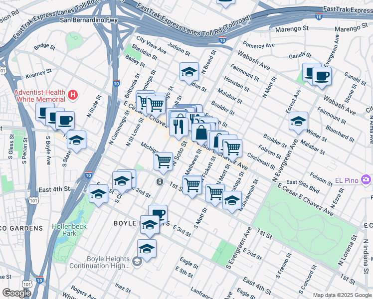 map of restaurants, bars, coffee shops, grocery stores, and more near 323 North Mathews Street in Los Angeles