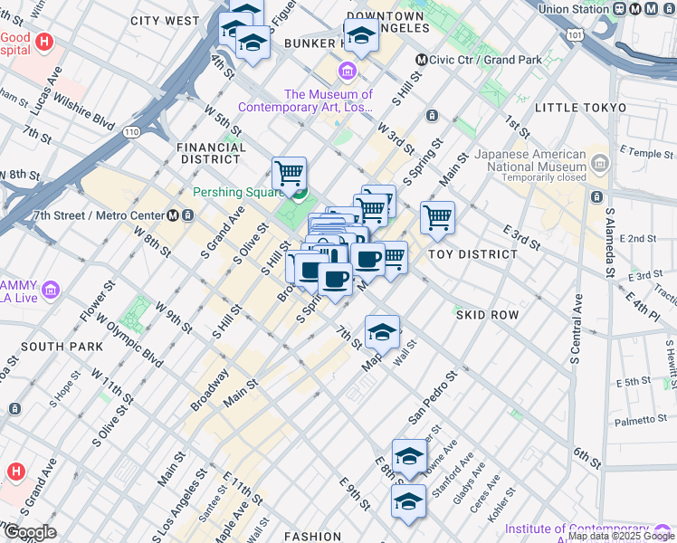 map of restaurants, bars, coffee shops, grocery stores, and more near 634 South Spring Street in Los Angeles
