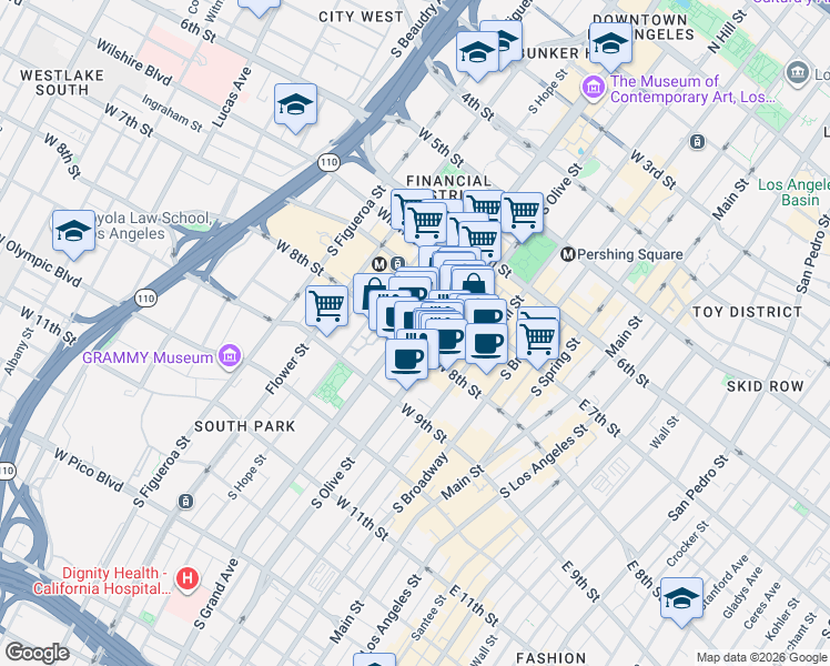 map of restaurants, bars, coffee shops, grocery stores, and more near in Los Angeles