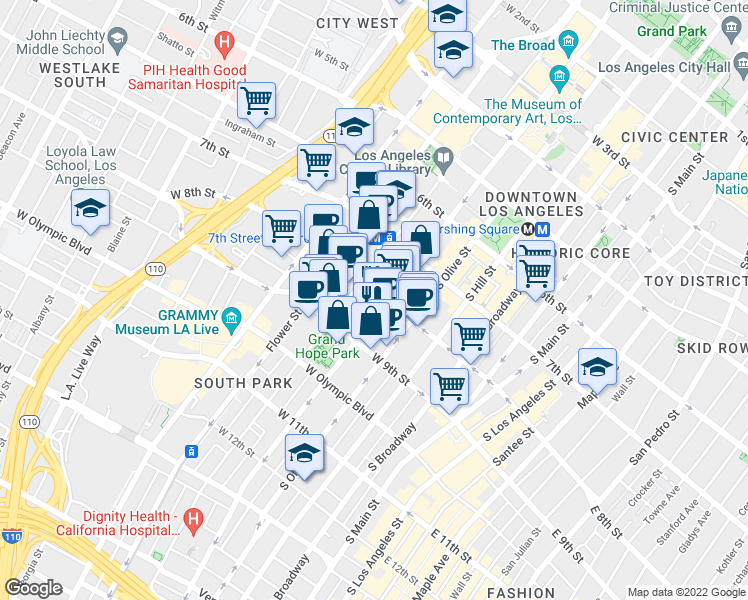 map of restaurants, bars, coffee shops, grocery stores, and more near in Los Angeles