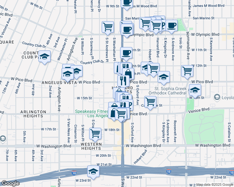 map of restaurants, bars, coffee shops, grocery stores, and more near 1423a South Western Avenue in Los Angeles