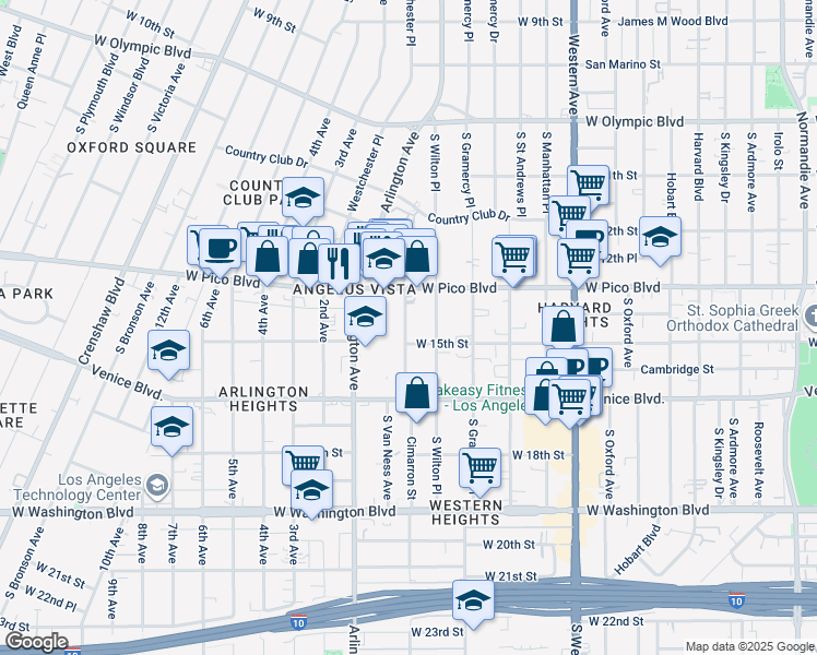 map of restaurants, bars, coffee shops, grocery stores, and more near 3081 West 15th Street in Los Angeles