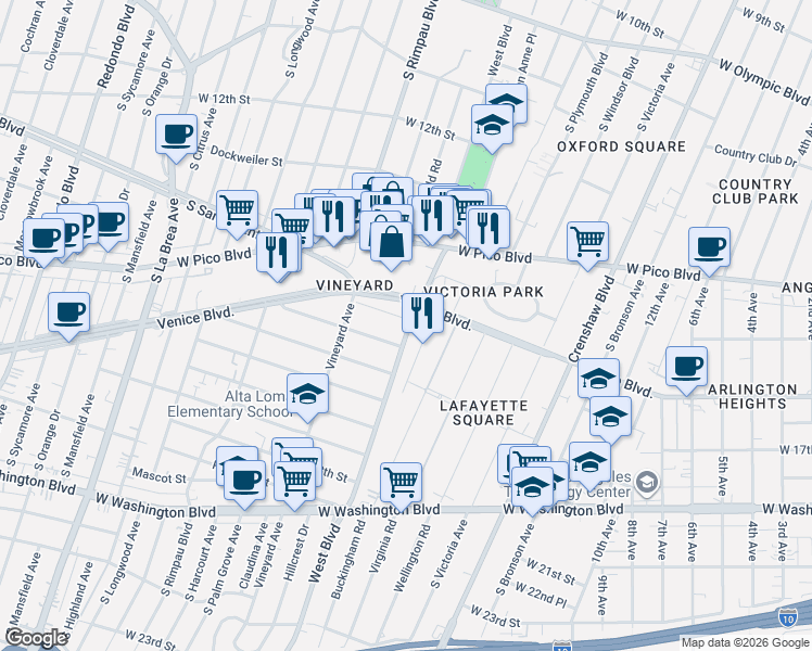 map of restaurants, bars, coffee shops, grocery stores, and more near 3687 Lomita Street in Los Angeles