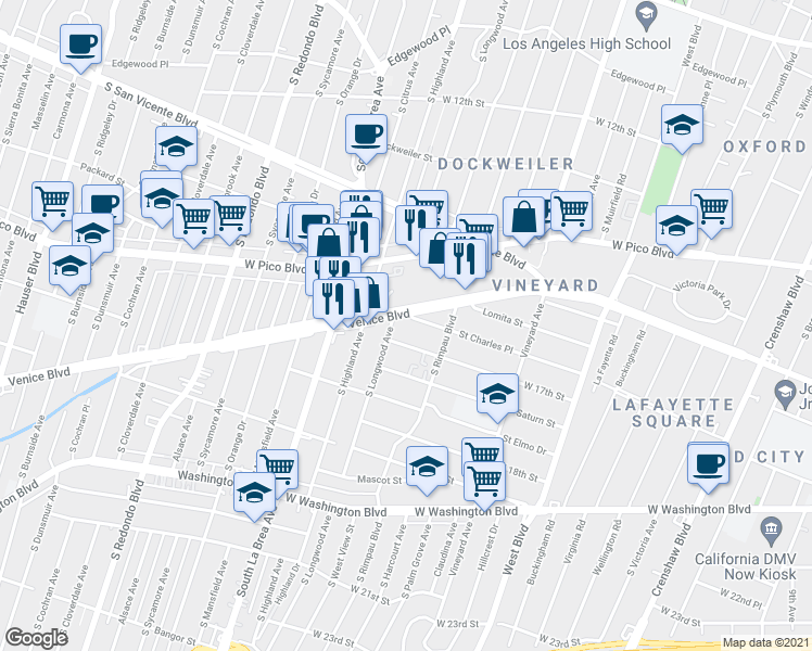map of restaurants, bars, coffee shops, grocery stores, and more near 4843 West 17th Street in Los Angeles